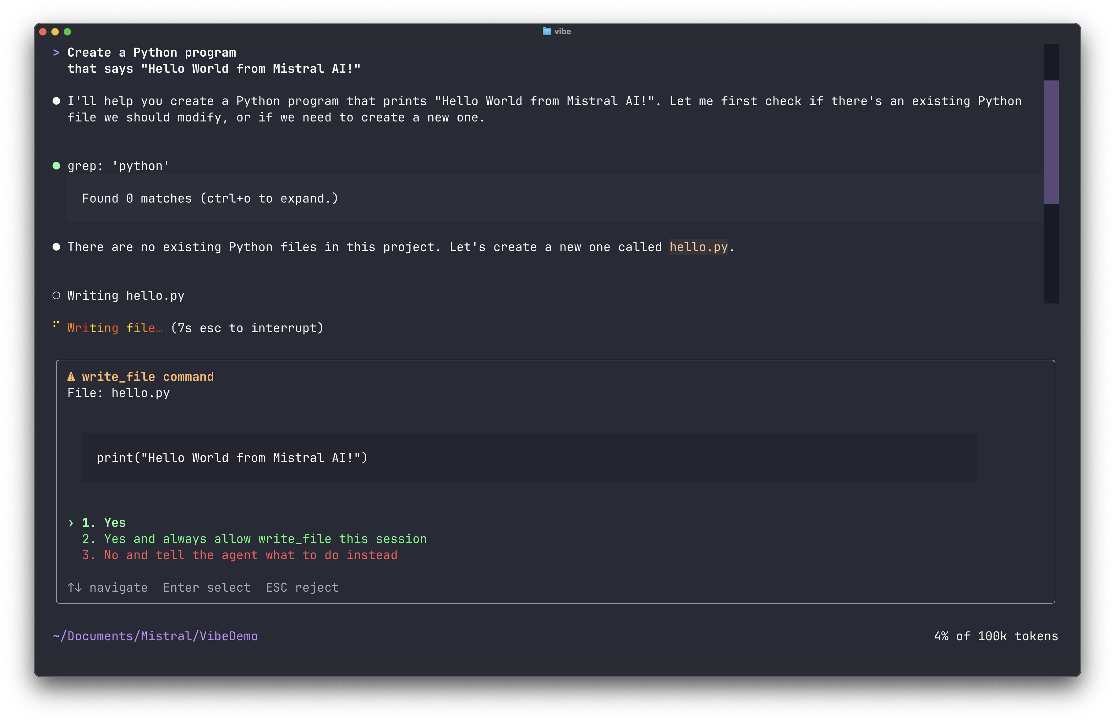 Mistral Vibe showing a preview of changes and asking for confirmation