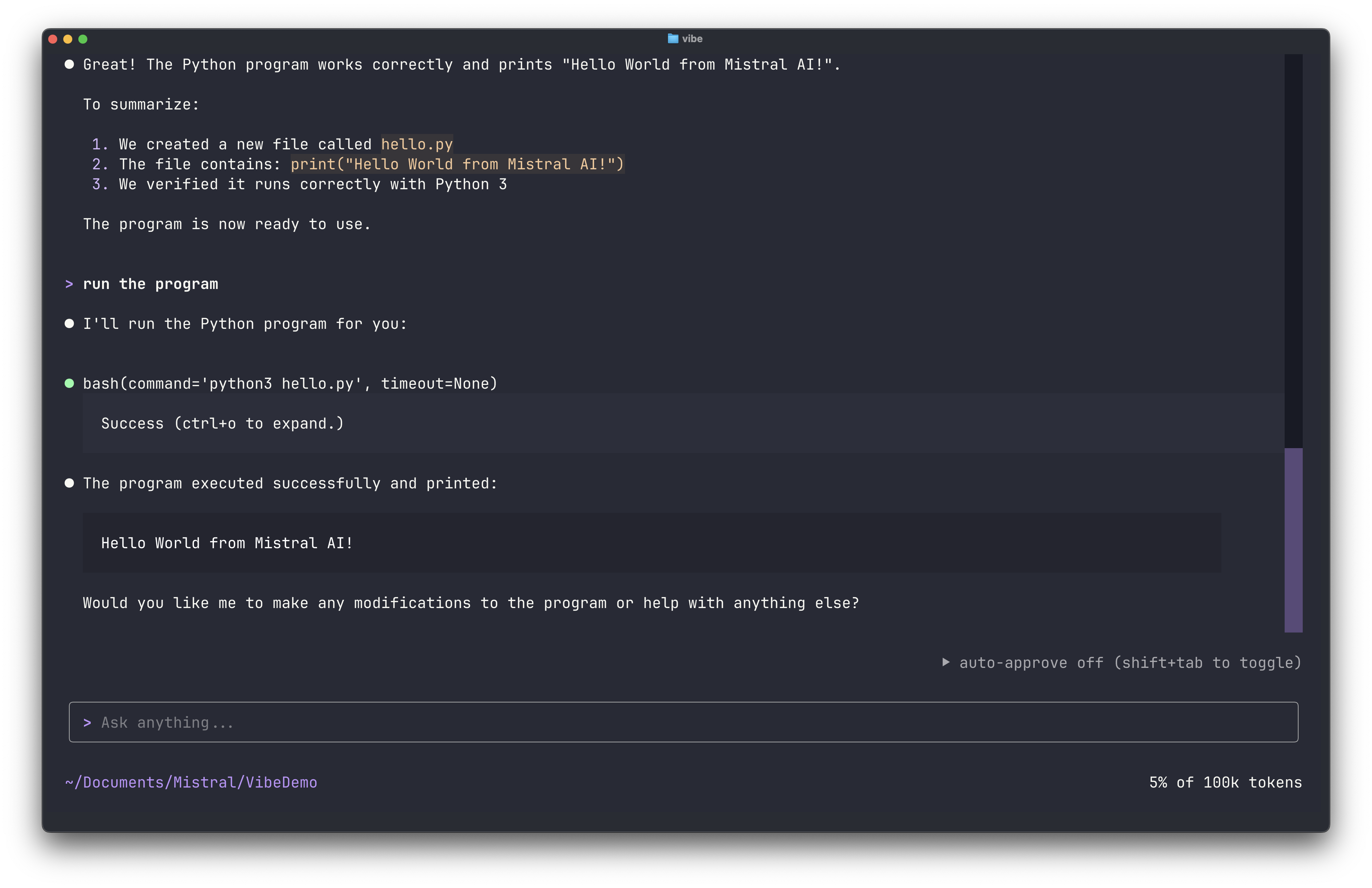 Mistral Vibe displaying generated output and completed steps