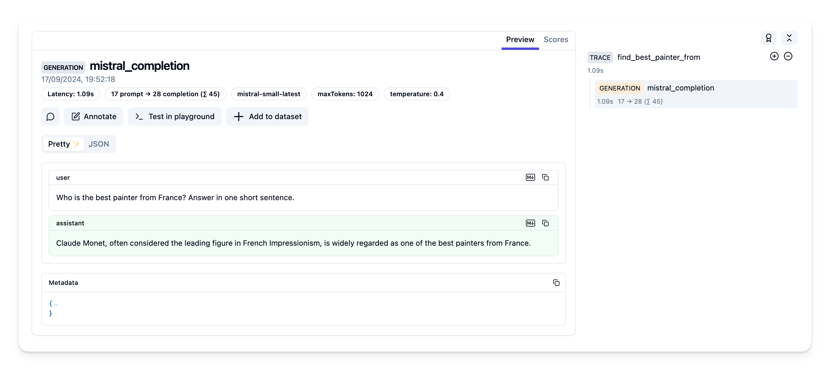 Example trace in Langfuse UI