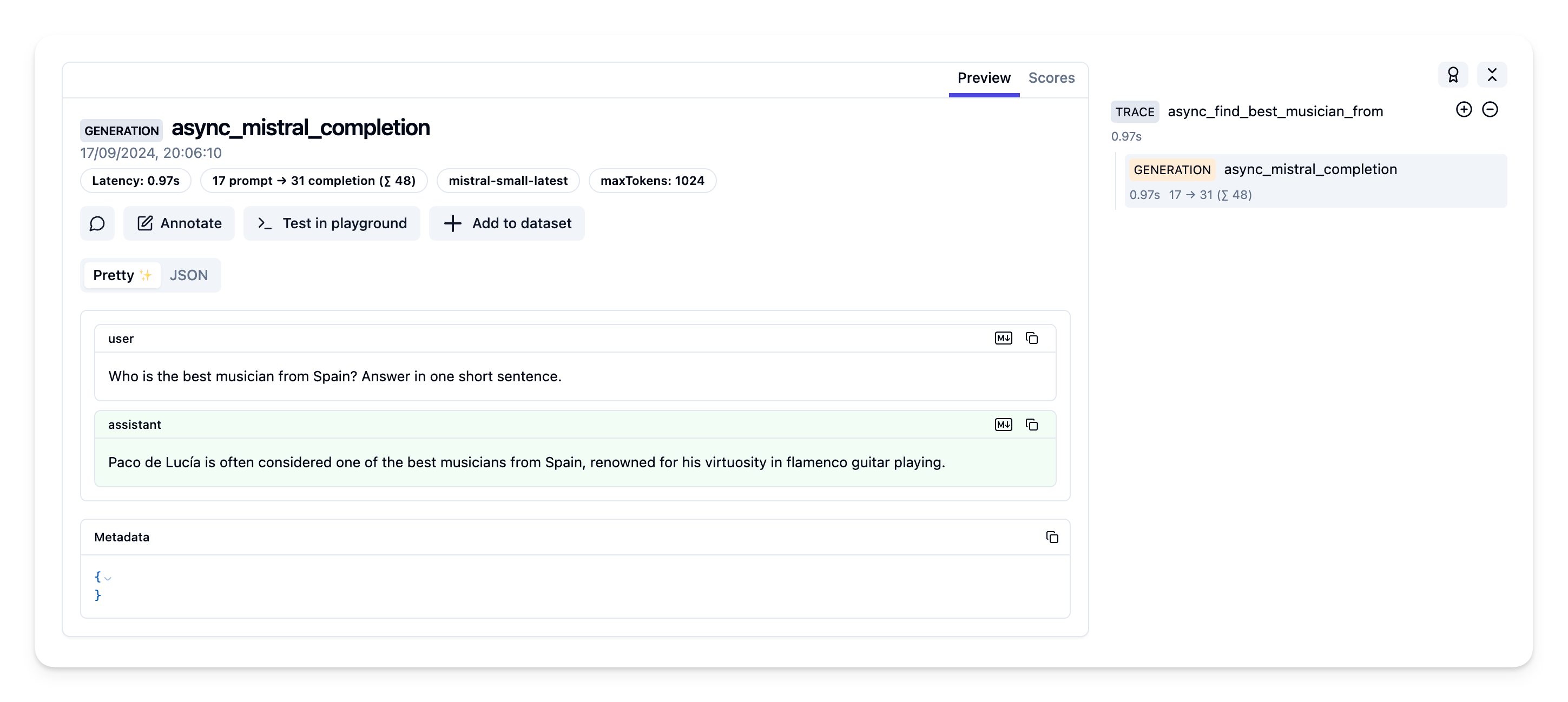 Example trace in Langfuse UI