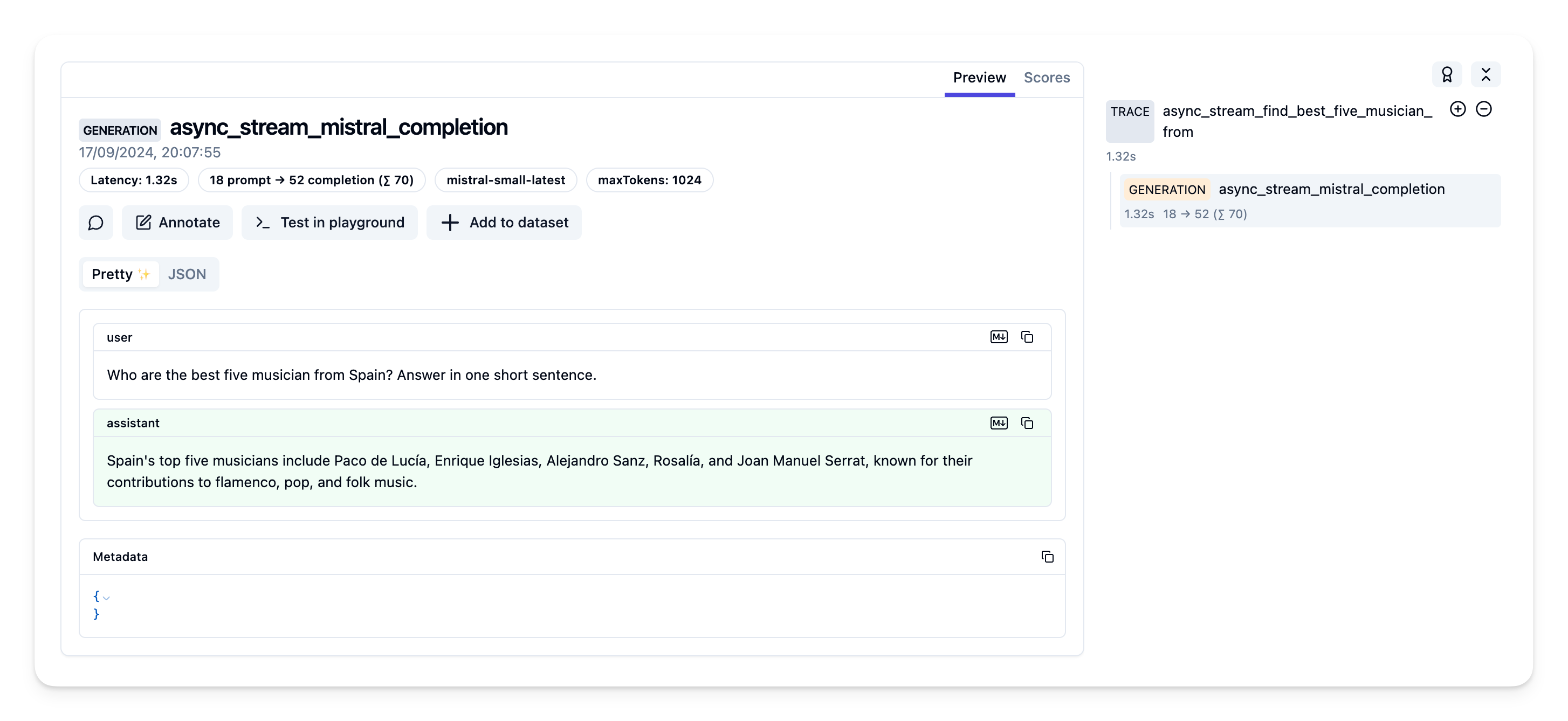 Example trace in Langfuse UI