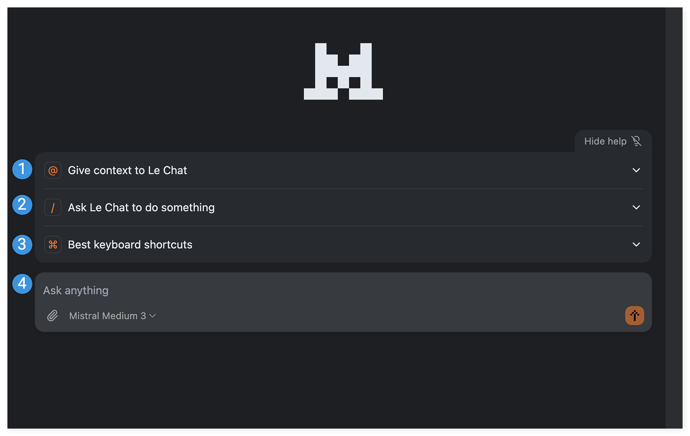 The Le Chat chat interface showing the message input box at the bottom, the Tools menu, and a conversation with follow-up messages.