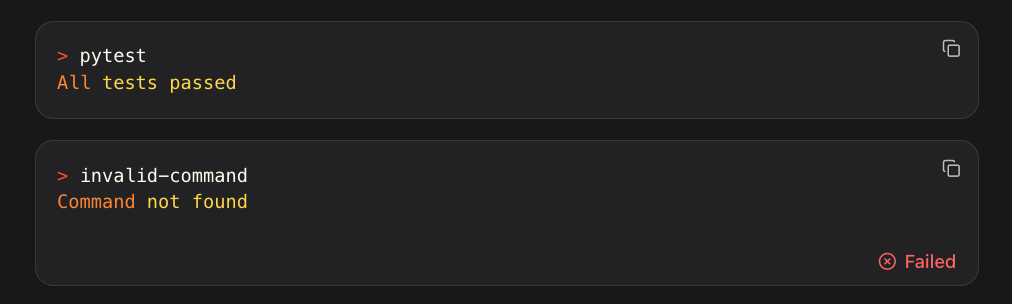 A command tool UI state rendered in Le Chat, showing command execution status.